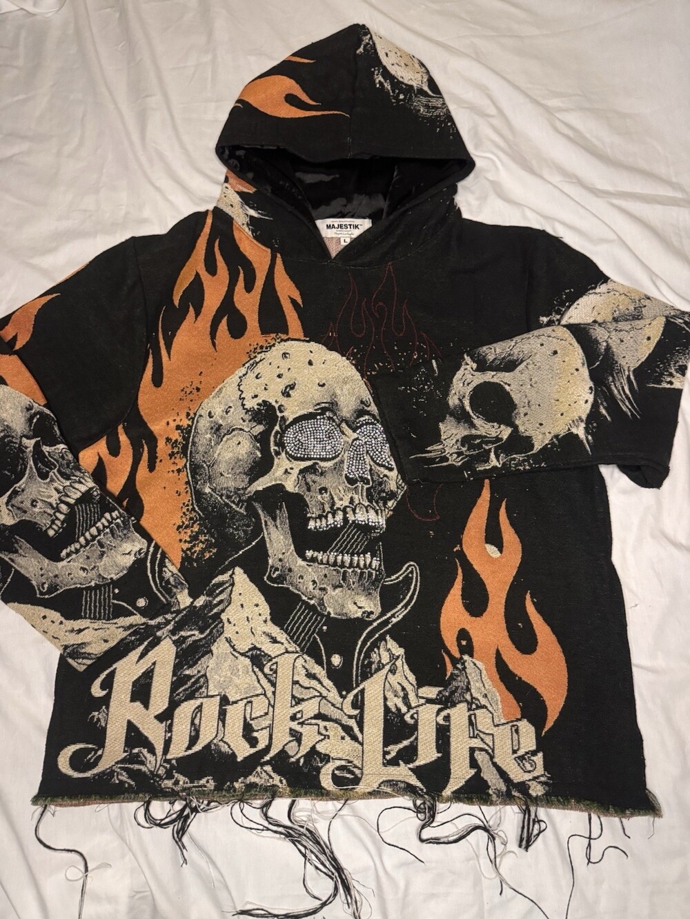 Majestik Rock Life Apocalypse Men's Black Hoodie Size L Tapestry Rhinestone